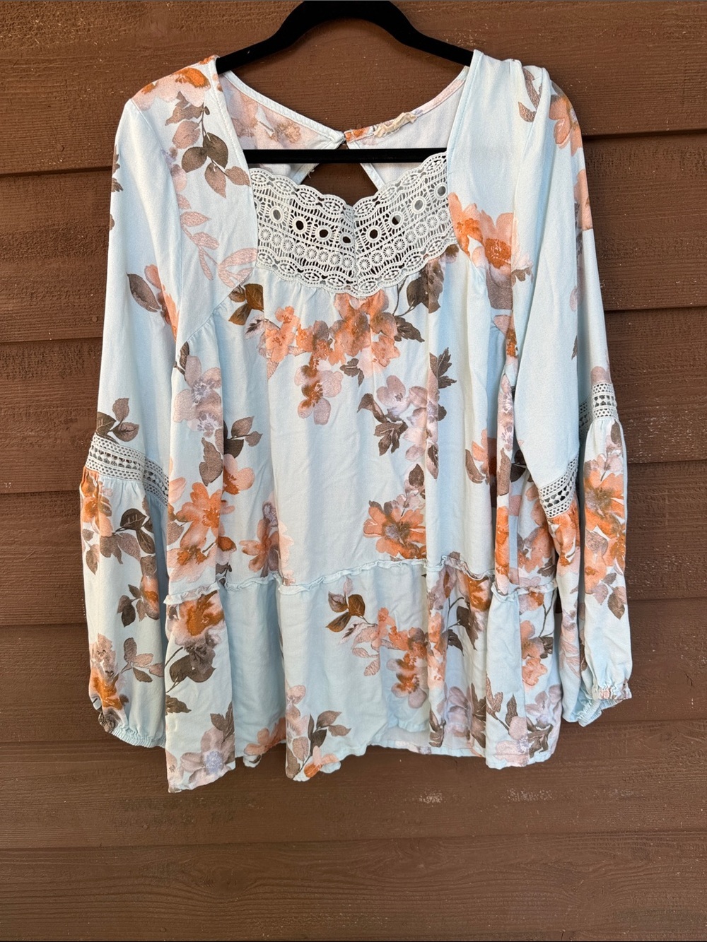 Oddi Floral Crochet Yoke Peasant Tunic - Light Blue and Orange size 3X